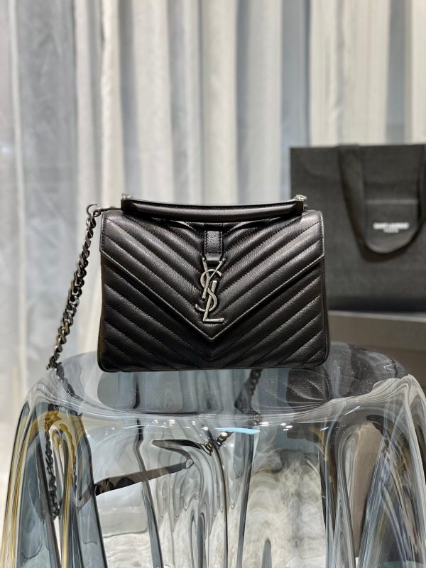 Yves Saint Laurent College Medium Chain Bag Black Silver Toned Hardware Online Hot Sale