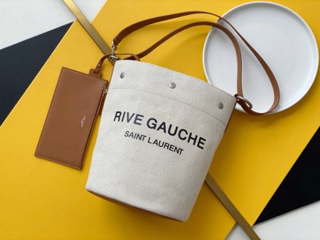 Yves Saint Laurent Rive Gauche Bucket Bag In Linen With Brown Strap on Sale