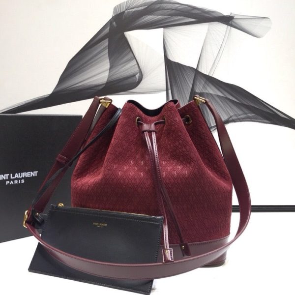 Yves Saint Laurent All-Over Monogram Bucket Bag Burgundy Cheap