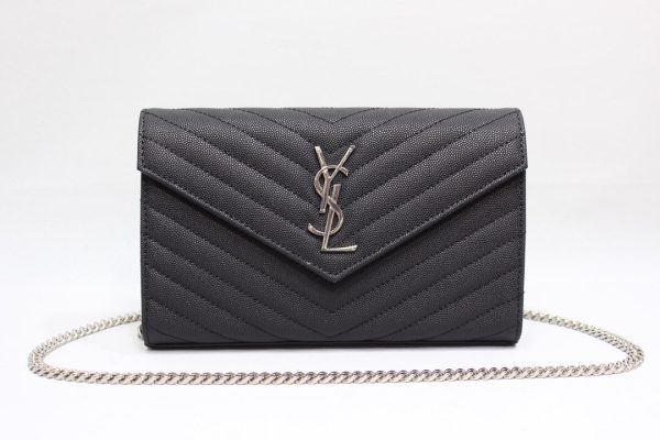 Yves Saint Laurent Cassandre Matelassé Chain Wallet In Grain De Poudre Embossed Black Online now